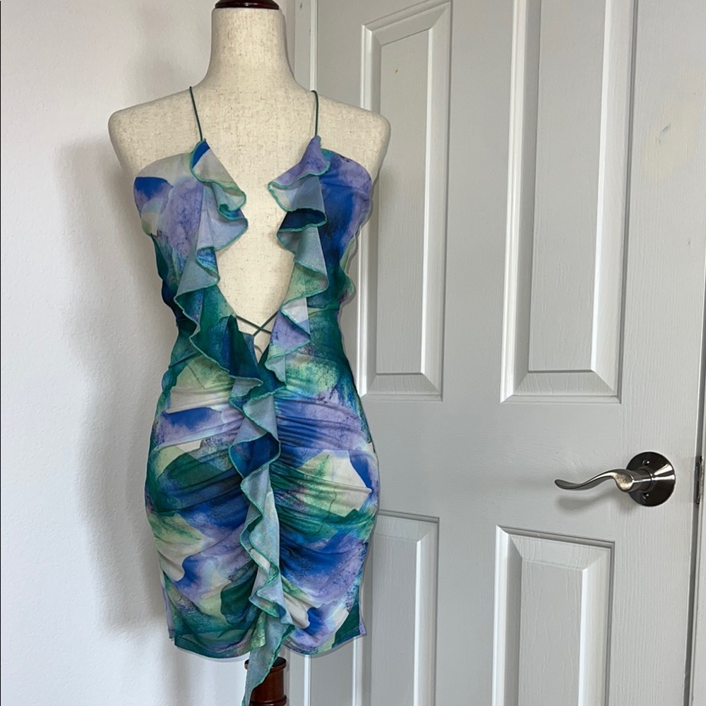 Fashion Nova Blue and Green Ruffle Dress